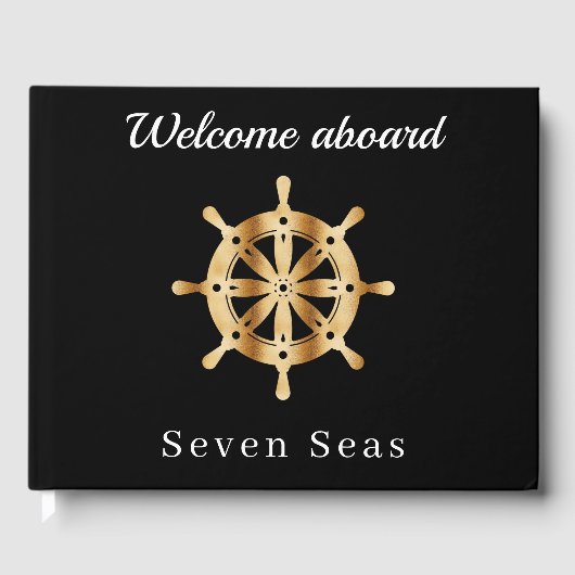 Zwarte jachtboot naam gouden stuurwiel gastenboek (Voorkant)