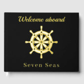 Zwarte jachtboot naam gouden stuurwiel gastenboek (Voorkant)