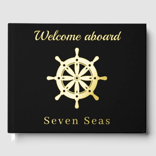 Zwarte jachtboot naam gouden stuurwiel gastenboek (Voorkant)