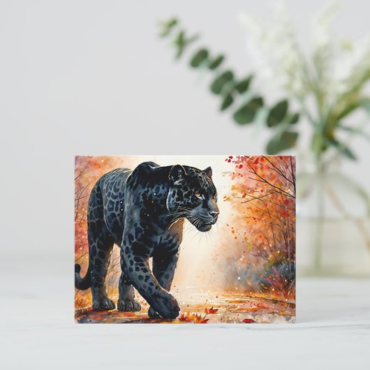 Zwarte Jaguar Herfst Waterverf Briefkaart (Staand voorkant)