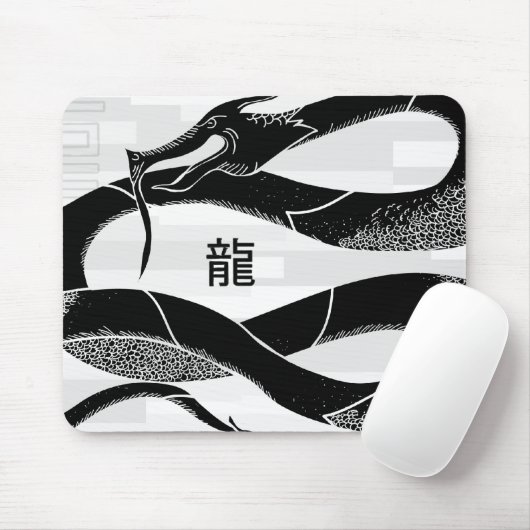 Zwarte, Japanse dragon witte achtergrond Muismat (Met muis)