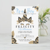 Zwarte jongen Blauwe Gouden Eenhoorn Baby Shower U Kaart (Staand voorkant)