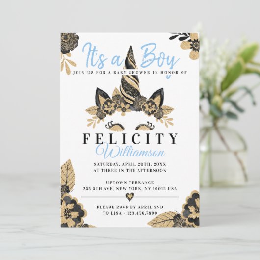Zwarte jongen Blauwe Gouden Eenhoorn Baby Shower U Kaart (Staand voorkant)