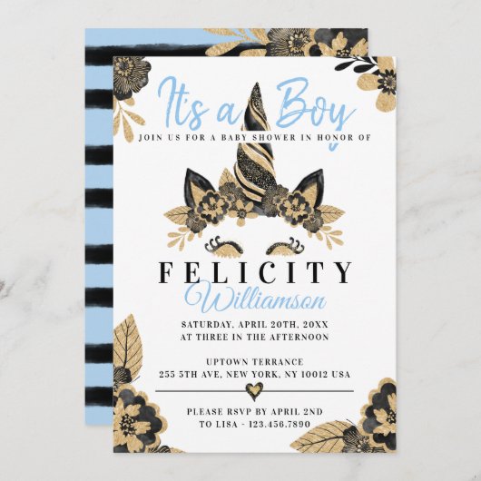 Zwarte jongen Blauwe Gouden Eenhoorn Baby Shower U Kaart (Voorkant / Achterkant)