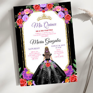 Zwarte jurk Mis Quince 15 jaar Mexicaanse bloemenk Kaart