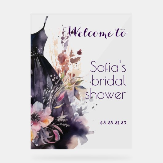 Zwarte jurk paarse bloem acryl bord (Voorkant)