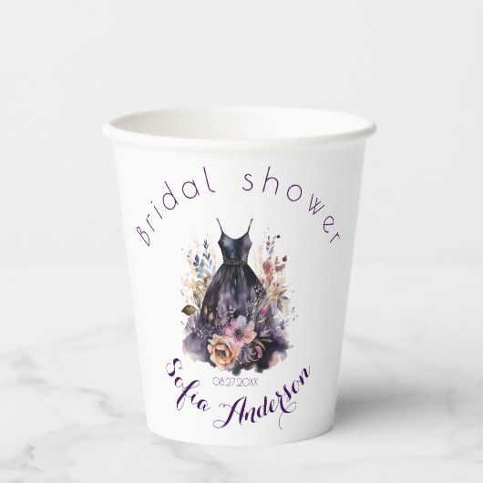 Zwarte jurk paarse bruidsdouche  papieren bekers (Voorkant)