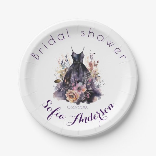 Zwarte jurk paarse bruidsdouche  papieren bordje (Voorkant)