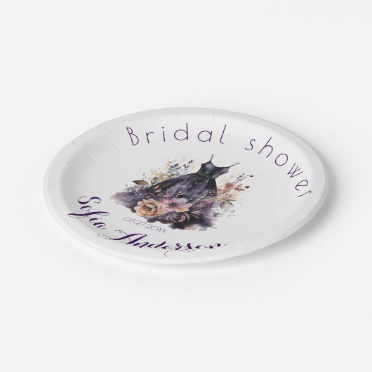 Zwarte jurk paarse bruidsdouche papieren bordje (Gekanteld)