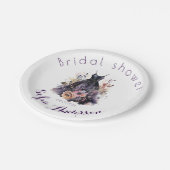 Zwarte jurk paarse bruidsjonker  papieren bordje (Gekanteld)