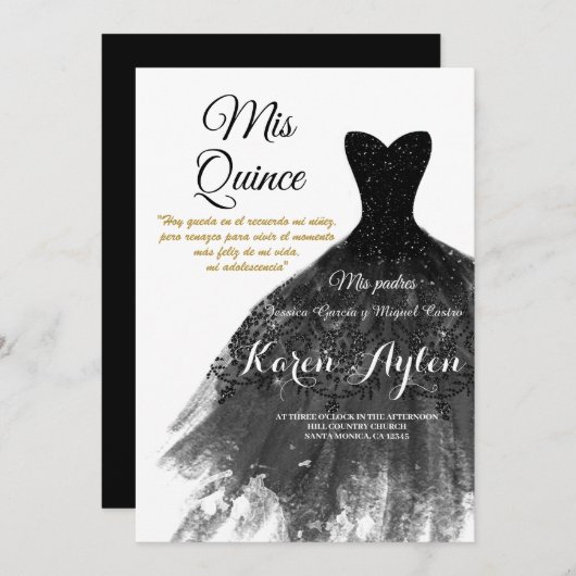 Zwarte jurk Quinceañera-uitnodiging Kaart (Voorkant / Achterkant)