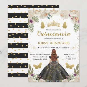 Zwarte Jurk Rode Haren Prinses Quinceanera Kaart