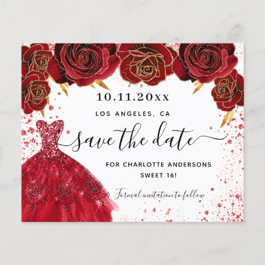 Zwarte jurk witte budget save the date (Voorkant)