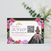 Zwarte jurken Mexicaanse Quinceañera QR RSVP kaart (Staand voorkant)