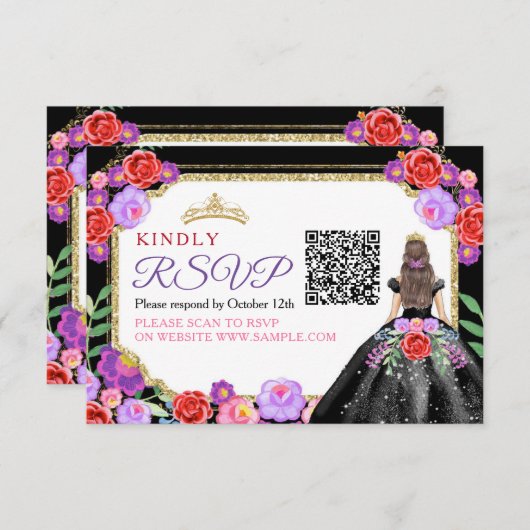 Zwarte jurken Mexicaanse Quinceañera QR RSVP kaart (Voorkant / Achterkant)