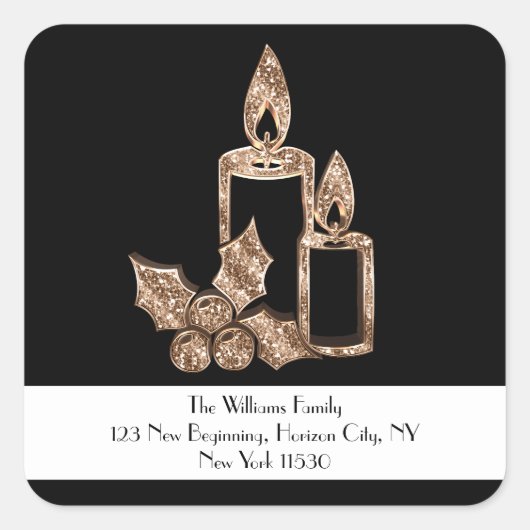 Zwarte kaars met hulst Kerstmis en goud Vierkante Sticker (Voorkant)