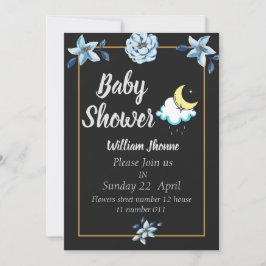 Zwarte kaart blauwe bloemen Jongen baby shower uit