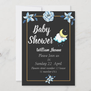 Zwarte kaart blauwe bloemen Jongens baby shower ui