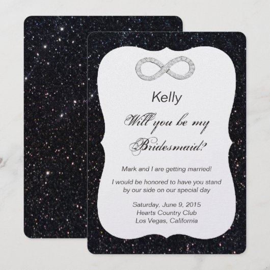 Zwarte Kaart met glitter Diamond Infinity Bridesma (Voorkant / Achterkant)
