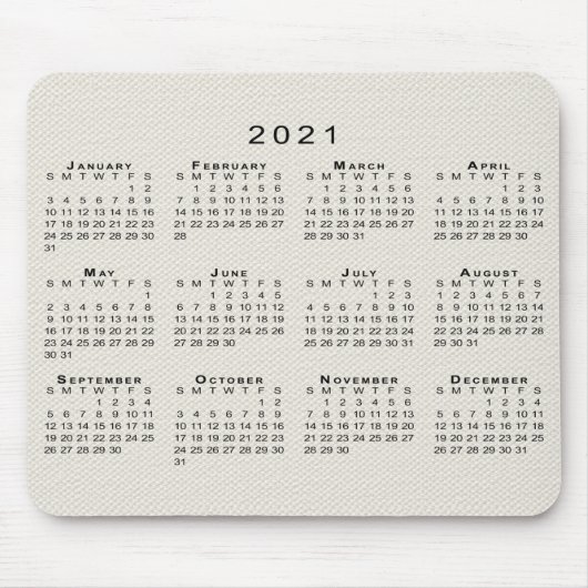 Zwarte kalender 2021 op beige Faux Canvas textuur Muismat (Voorkant)