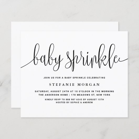 Zwarte kalligrafie Baby Sprinkle Invitation (Voorkant / Achterkant)