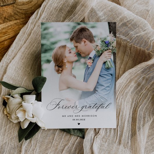 zwarte kalligrafie bruiloft bedankt foto briefkaart