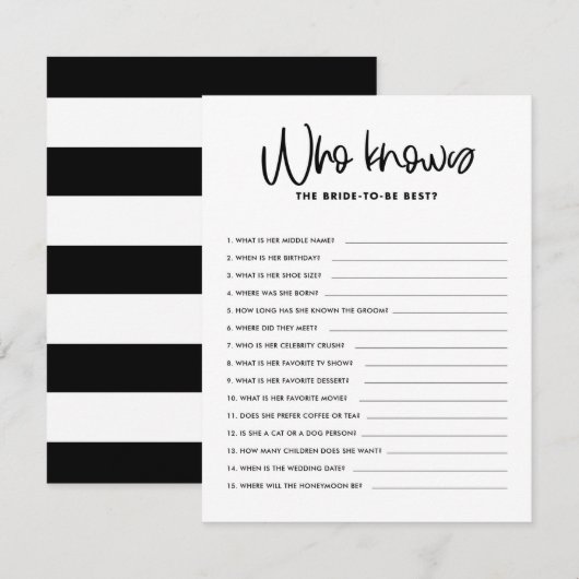 Zwarte kalligrafie die Vrijgezellenfeest game kent Kaart (Voorkant / Achterkant)