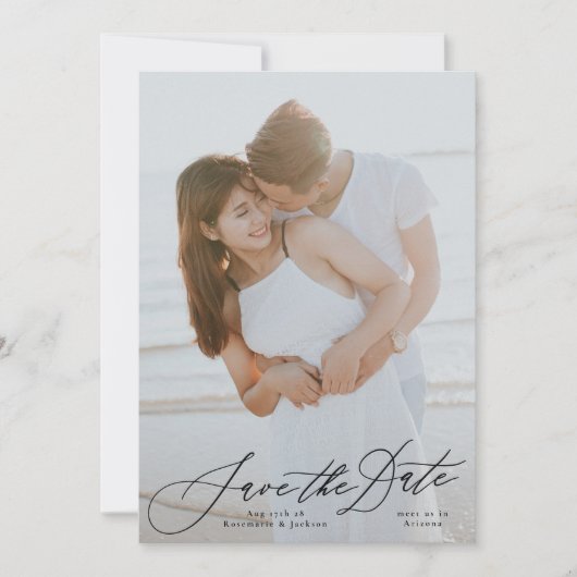 Zwarte kalligrafie Elegante foto van de bruiloft Save The Date (Voorkant)