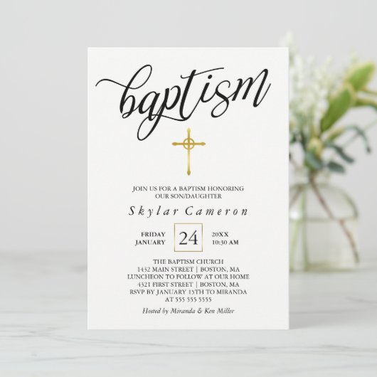 Zwarte kalligrafie Gouden Kruis Doop Kaart (Staand voorkant)