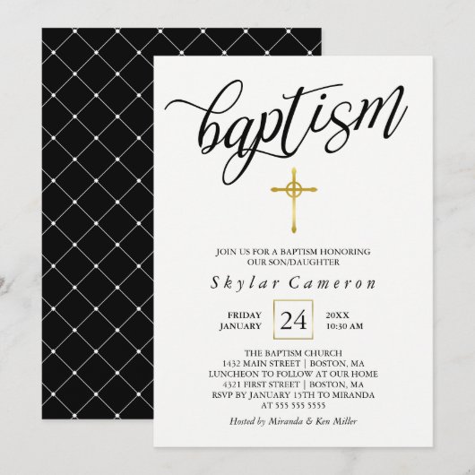 Zwarte kalligrafie Gouden Kruis Doop Kaart (Voorkant / Achterkant)