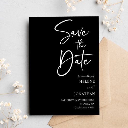 Zwarte kalligrafie minimalistische bruiloft save the date