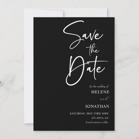 Zwarte kalligrafie minimalistische bruiloft save the date (Voorkant)