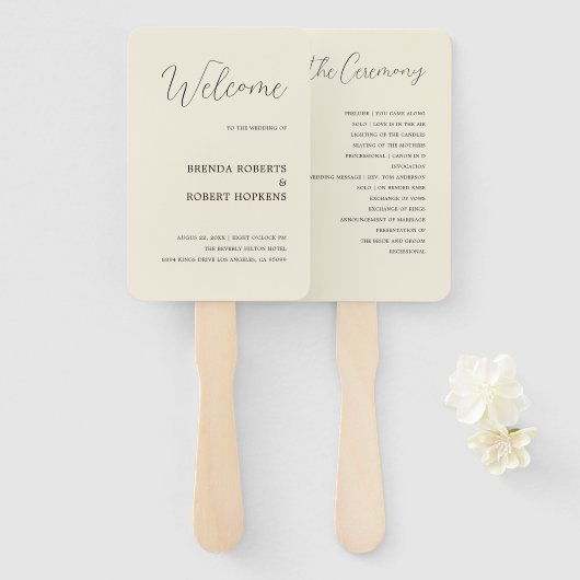 Zwarte kalligrafie op beige bruiloft-handtas handwaaier (Voorkant en achterkant)