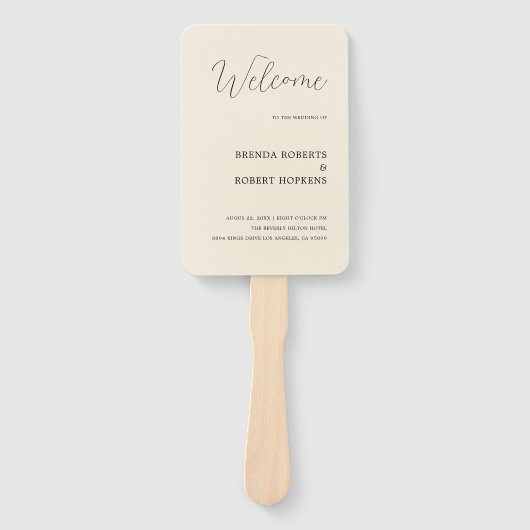 Zwarte kalligrafie op beige bruiloft-handtas handwaaier (Voorkant)