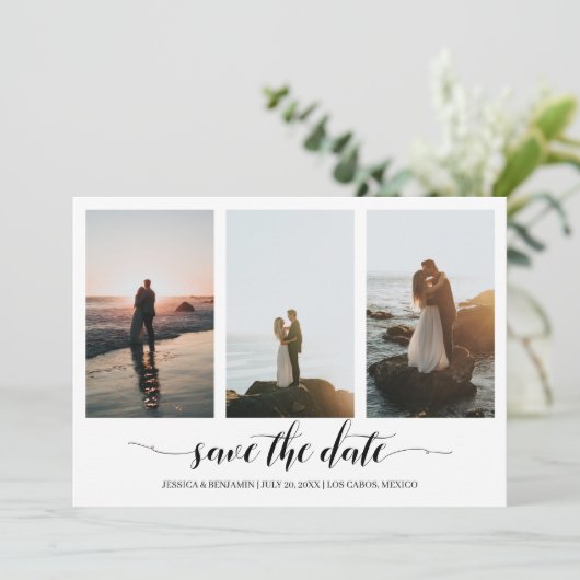 Zwarte kalligrafie Sparen de Datum met de Collage Save The Date (Staand voorkant)