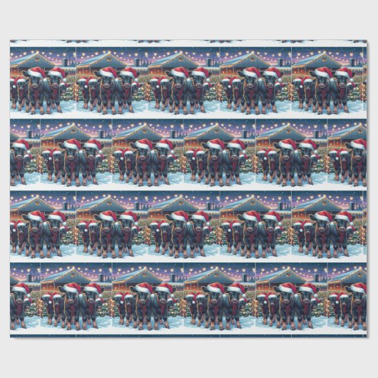 Zwarte kalveren met kerstmutsen bij kerststal cadeaupapier (Vlak)