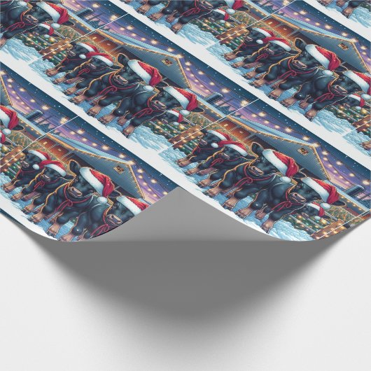 Zwarte kalveren met kerstmutsen bij kerststal cadeaupapier (Hoek)