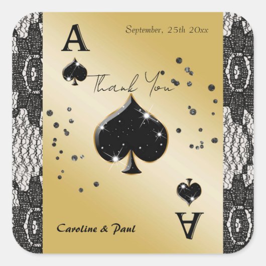 Zwarte Kant, Aas van Schoppen, Zwarte Glitter Beda Vierkante Sticker (Voorkant)