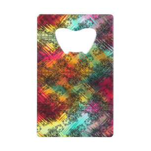 Zwarte kant boven geperste regenboogglas creditkaart flessenopener