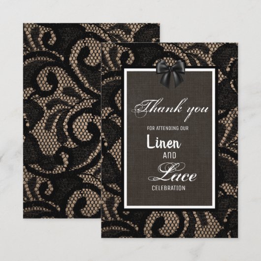 Zwarte kant, burlap, linen, aangepast bruiloft bedankkaart (Voorkant / Achterkant)