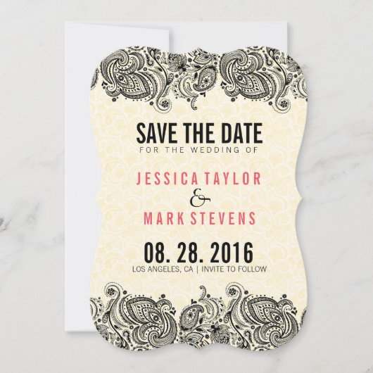 Zwarte kant en beige dampen slaan de datum op save the date (Voorkant)