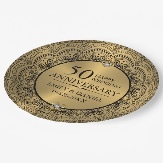 Zwarte kant en gouden trouwdag 50 jaar papieren bordje (Gekanteld)