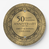 Zwarte kant en gouden trouwdag 50 jaar papieren bordje (Voorkant)