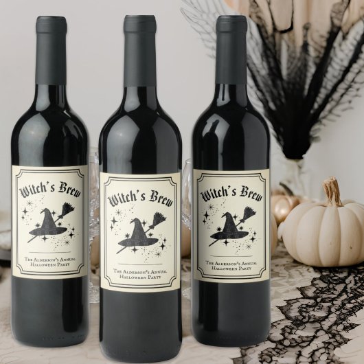 Zwarte Kant-en-Klare Heksenbrouwsel Hoed Bezem Hal Wijn Etiket