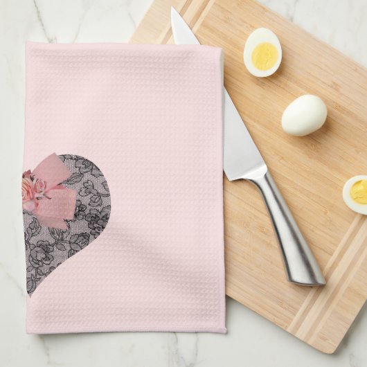 Zwarte kant en Rozen Theedoek (Quarter Fold)