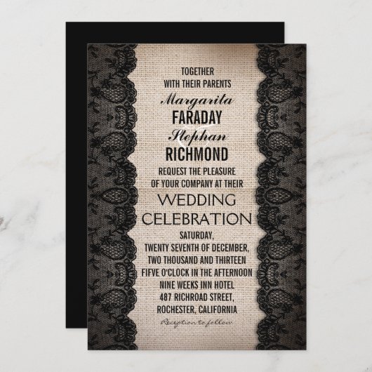 Zwarte kant en rustieke Burlap bruiloft uitnodigin Kaart (Voorkant / Achterkant)