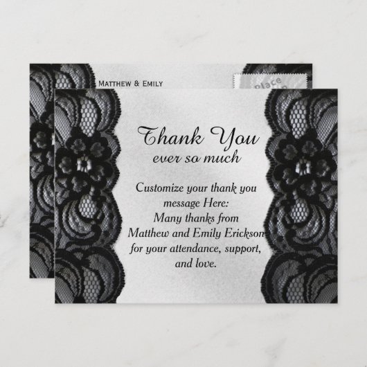 Zwarte kant en satijn dank u kaarten (Voorkant / Achterkant)