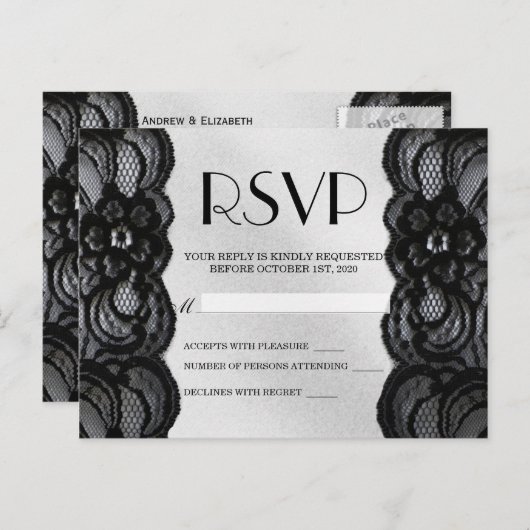 Zwarte kant en satijn RSVP Uitnodiging Briefkaart (Voorkant / Achterkant)