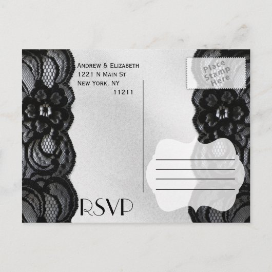 Zwarte kant en satijn RSVP Uitnodiging Briefkaart (Achterkant)