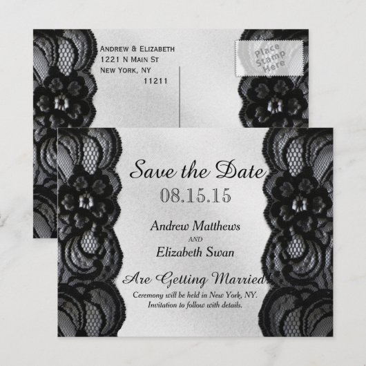 Zwarte kant en satijn Save the Date Aankondigingskaart (Voorkant / Achterkant)